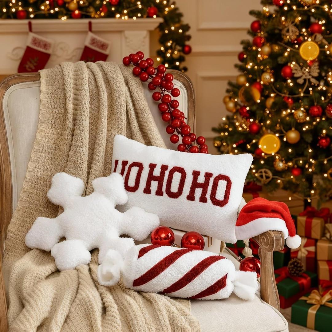 Yookeer 3 Pcs Christmas Throw Pillows Peppermint Candy White Snowflake Shape Cushion Ho Ho Rectangular Decorative Christmas Pillows Stuffed Plush Xmas Holiday Decorations for Bed Home Sofa Couch