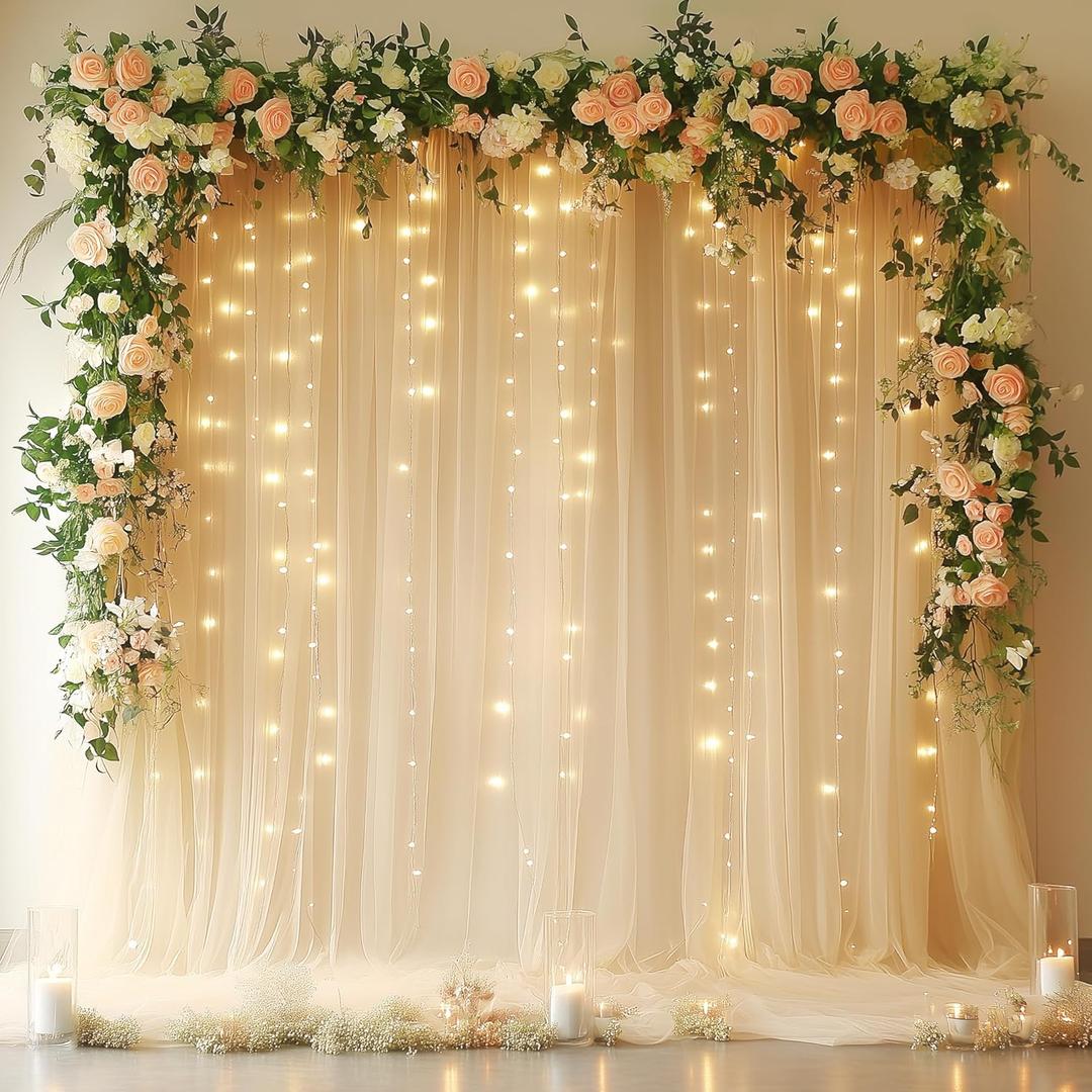 Fomcet Champagne Tulle Backdrop Curtains with Lights String 10FT X 10FT Sheer Curtains with Lights Tulle Curtains Backdrop for Wedding Birthday Party Photo Shoot (2 Panels 5x10FT)