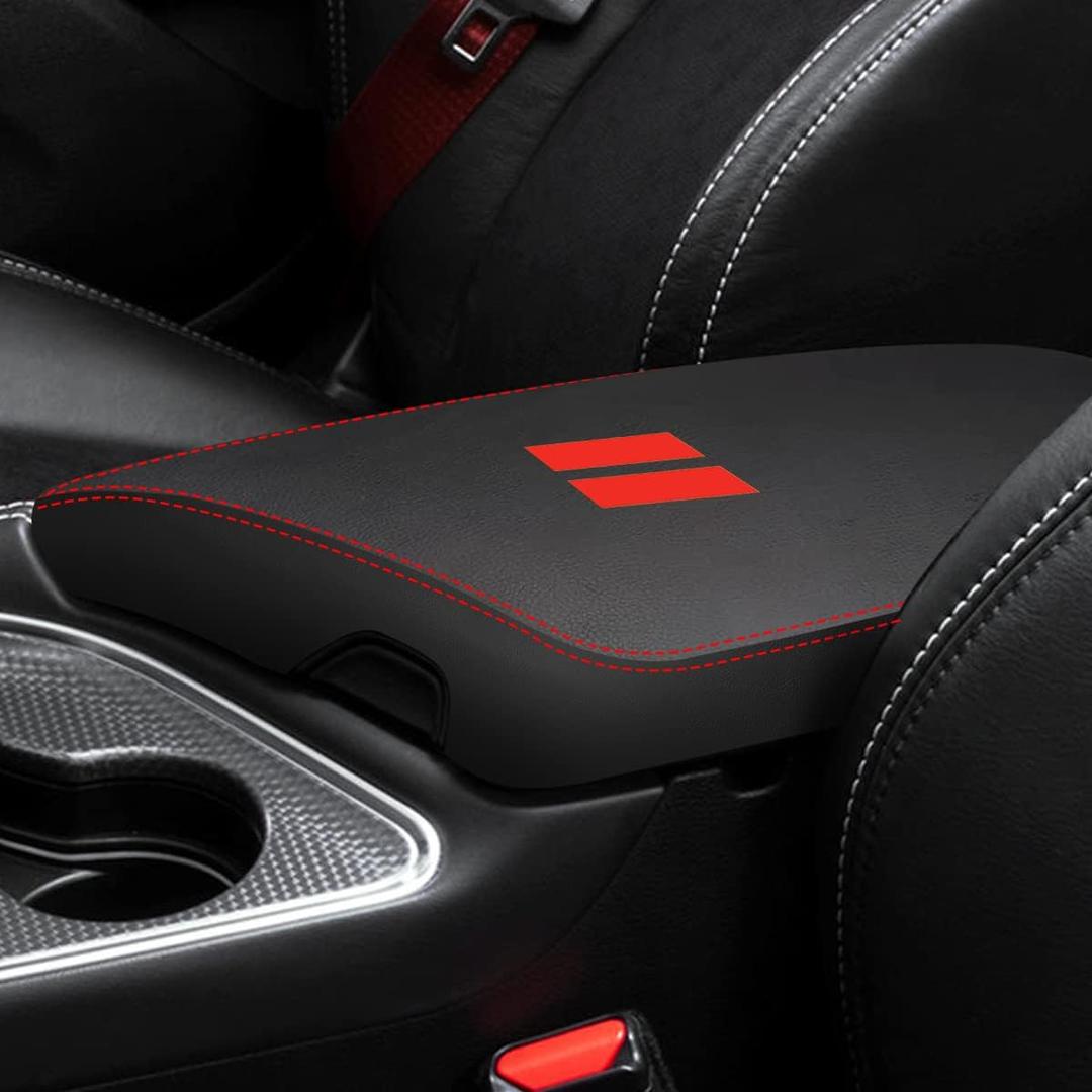 for Dodge Challenger 2015-2023 Car Armrest Cover Waterproof Center Console Pad Covers Scratch Resistance Box Cover Leather Protector Pad Decoration Accessories(Black + Red Stitches)