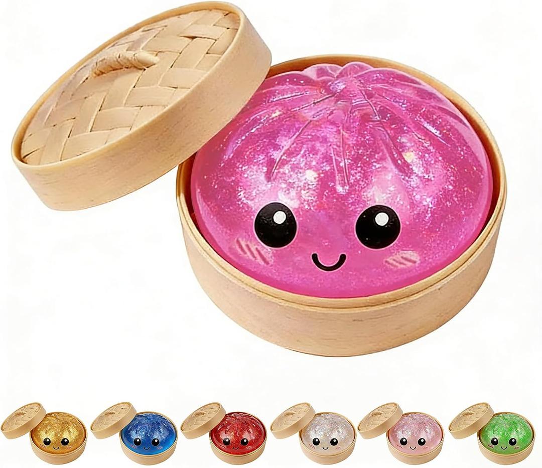 Dumpling Squishies, Glitter Dumpling Mystery Box, Colorful Dumplings Stress Balls Toy, Stocking Stuffers with Food Steamer Stretchy Desk Toys (Glitter Pink)