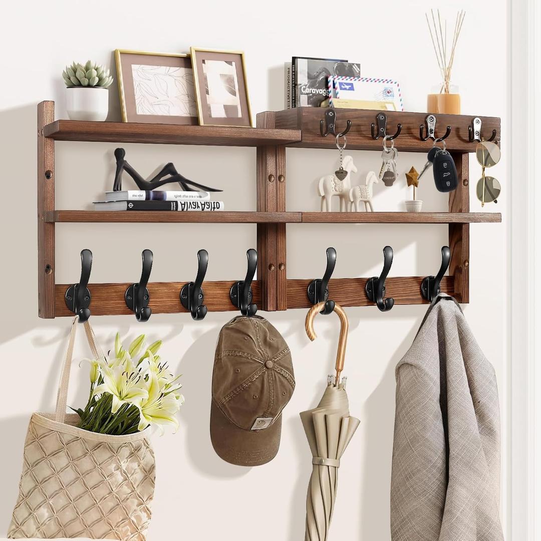29" Coat Rack Wall Mount with Shelf, Pine TwoTier Wall Shelf Mounted Coat and Key Hanger with 7 Heavy Duty Hooks 4 Key Hooks, Entryway Key Holder with Mail Holder for Bedroom,Living Room (Brown)