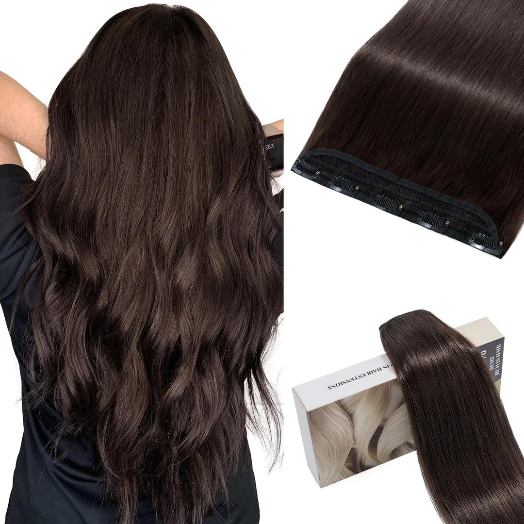 5 Clip One Piece Clip in Hair Extensions Real Human Hair 18 Inch Human Hair Clip in Extensions Dark Brown 3/4 Full Head Hair Extensions Clip ins Long Straight 50g