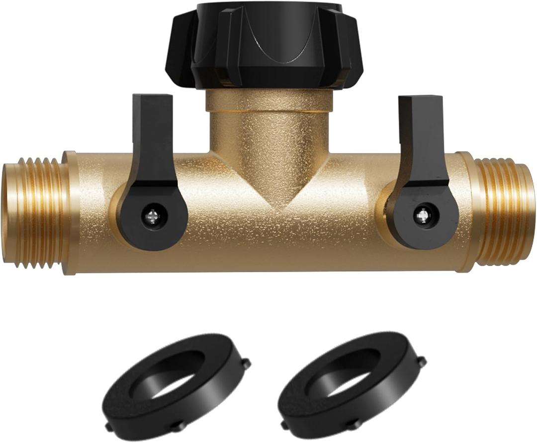 YANWOO Garden Hose Splitter, Heavy Duty Metal 180 Degree T Type with Shut-Off Valves, 3/4" High Flow Spigot Faucet Connectors with 2 Extra Silicone Washers