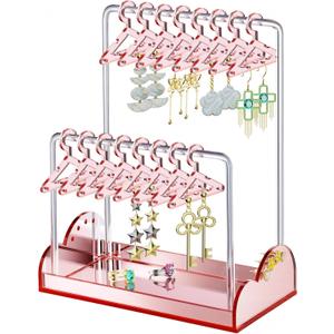 NiHome Acrylic Earring Holder with Unique Double-Tiered Design, Cute Miniature Clothing Hangers with Spacious Storage for 48 Pairs, Display for Home Vanity & Retail Showrooms (Rose Gold, With Tray)