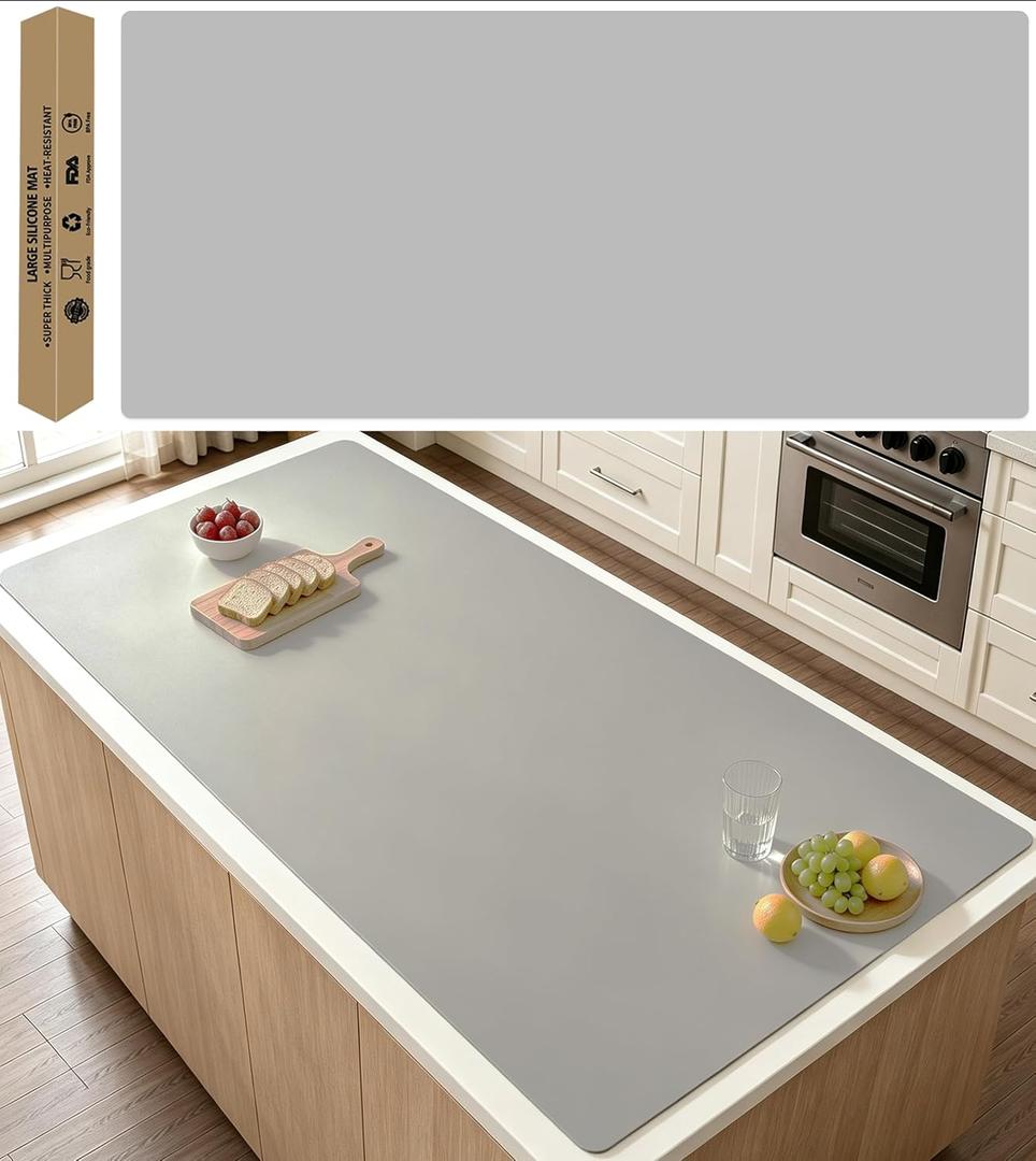 84''x24''(210cmx60cm) Large Silicone Mat for Kitchen Counter, Non-Slip Heat Resistant Countertop Protector, Waterproof Multipurpose Mat for Kitchen Island, Light Gray