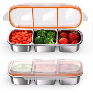 2 Pack Stainless Steel Snack Containers, 3 Compartment Grab and Go Snack Containers with Lids, Reusable Easy Open Leak Proof Food Storage Containers with Lids for Travel, Outdoor, Camping