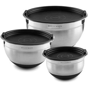 Bellemain Mixing Bowls with Lids Set - Stainless Steel Mixing Bowls with Airtight Lids - Food Storage Containers - 3PCS Set with Non-Slip Bottoms Kitchen Essentials for Baking - Serving (Silver/Black)