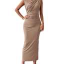 BTFBM Women's Ruched Bodycon Dress Summer Casual Sleeveless Lightweight Back Slit Elegant Club Party Cocktail Maxi Dresses S, Khaki