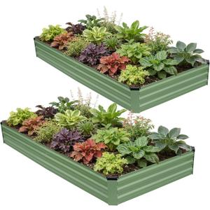 G GOOD GAIN 2Pcs Galvanized Raised Garden Bed 8x4x1ft for Herbs, OliveGreen | Metal Planter Box Outdoor, Rectangular Raised Bed, 12inch Tall, with Gloves, Tools, for Vegetables, Fruits, Flowers