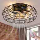 Ceiling Fan with Lights, 16 Inch Caged Ceiling Fan Lights Remote Control Small Industrial Ceiling Fan Light Fixture Flush Mount Farmhouse Light 8 Speeds Bladeless Lights for Bedroom Kitchen