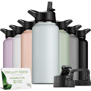 SipX™ Triple-Insulated Stainless Steel Water Bottle 32oz. With 3 Lids, BPA-Free Reusable Insulated Water Bottle Keeps Cold 24 Hours, Metal Water Bottle Made Of Sustainable Material For Hiking & Biking White