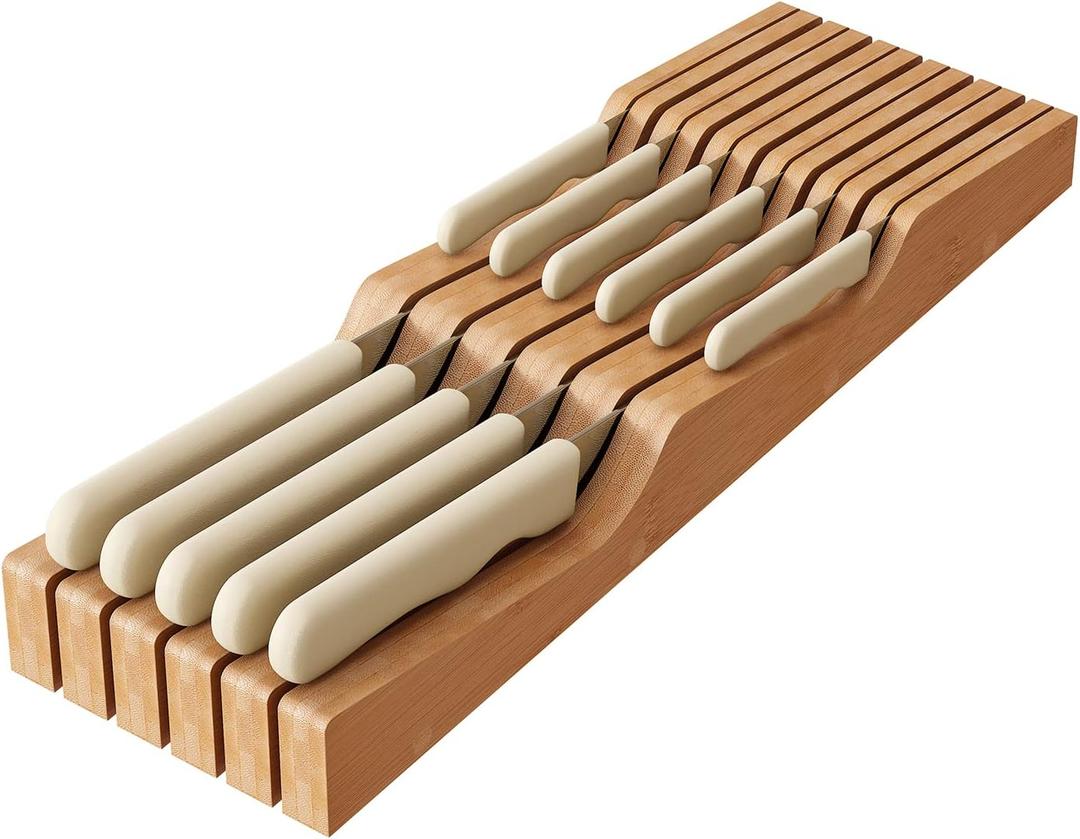 In-Drawer Knife Block Organizer - Bamboo Wood Drawer Knife Organizer-Protecting Knife Organizer Block (Not Included) (Natural, 11 Knives Dock)