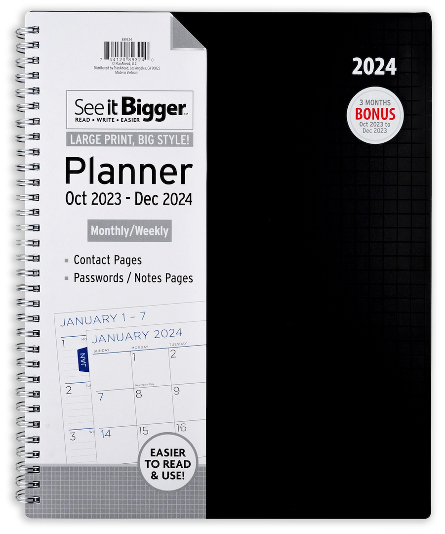 See It Bigger Monthly & Weekly Planner, October 2023 - December 2024 (9.75" x 11") Black