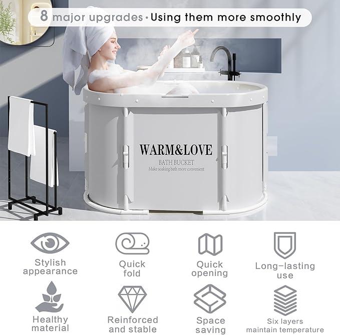 Portable Bath Tub, Foldable Bathtub for Adults and Kids, Soaking Bathtub for Hot and Ice Bath, Home Freestanding Tubs for Shower Sauna, Christmas Gifts 37''x21.6''x22''(Oval Grey)