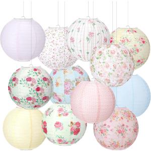 Baquler 12 Pcs Floral Paper Lanterns Tea Party Decorations 10 Inch Wildflower Floral Ceiling Hanging Paper Lanterns for Wedding Bridal Birthday Party Outdoor Festival Hanging Decoration