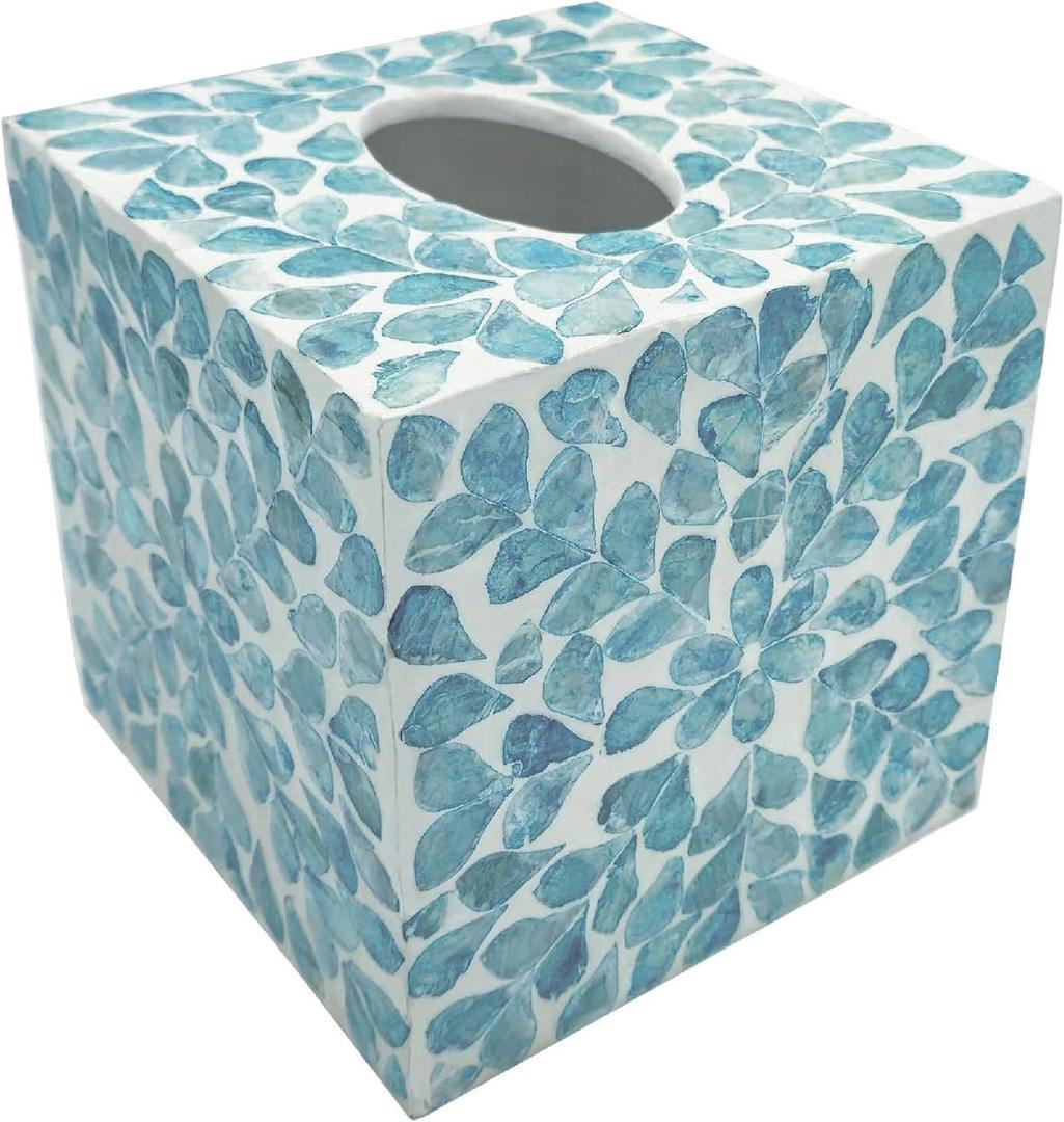 PEMAR Handcrafted Wooden Tissue Box Cover for Small Cube Tissue Boxes Only (Max Inner Size 4.7”) – Capiz Shell Inlay Decorative Tissue Holder for Bathroom, Living Room & Office (Teal Vines)
