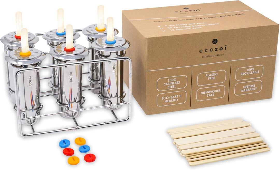 Stainless Steel Popsicle Molds, 6 Metal Ice Popsicle Makers, 30 Reusable Bamboo Sticks, 12 Silicone Seals and 1 Rack, Eco Popsicle Molds for Kids and Adults, 3 oz Per Mold (Round)