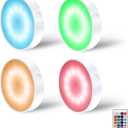 LAVAED 4 Pack RGB+W 16 Color Changing Puck Lights with Remote Control 12LED Dimmable Closet Lights 600mAh USB Rechargeable Under Cabinet Lights,Christmas Decor Indoor for Bathroom Bedroom Kitchen