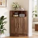 Vabches Corner Storage Cabinet, Corner Bathroom Cabinet with Open Storage, Modern Floor Corner Cabinet with Fluted Doors and Adjustable Shelf, for Bathroom, Living Room, Kitchen, Pantry, Walnut