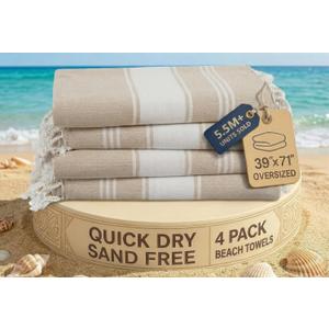 LANE LINEN Beach Towel 4 Pack, Oversized Beach Towels for Adults, Lightweight Travel Beach Towels, Pre-Washed for Soft Hand Feel, Quick Dry Beach Towels, 39"x71" - Beige