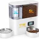 TYM Automatic Cat Feeder and Water Dispenser 2-in-1, 5L Cat Dry Food Dispenser, 3L Gravity Waterer, Programmable Timed Cat Feeder for Cats Small Dogs Pets, Stainless Steel Bowls for Easy Cleaning