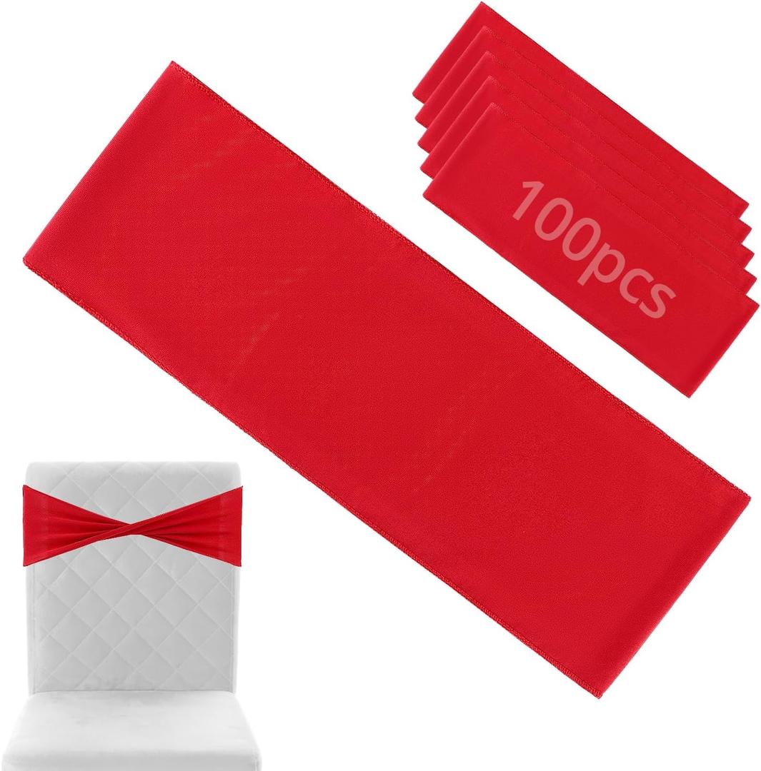 QWORK Chair Sashes - Plain Bow, 100PCS - Red Bands for Weddings, Parties, Events - Elastic Slider Chair Decorations, Universal Ceremony & Banquet Decorations