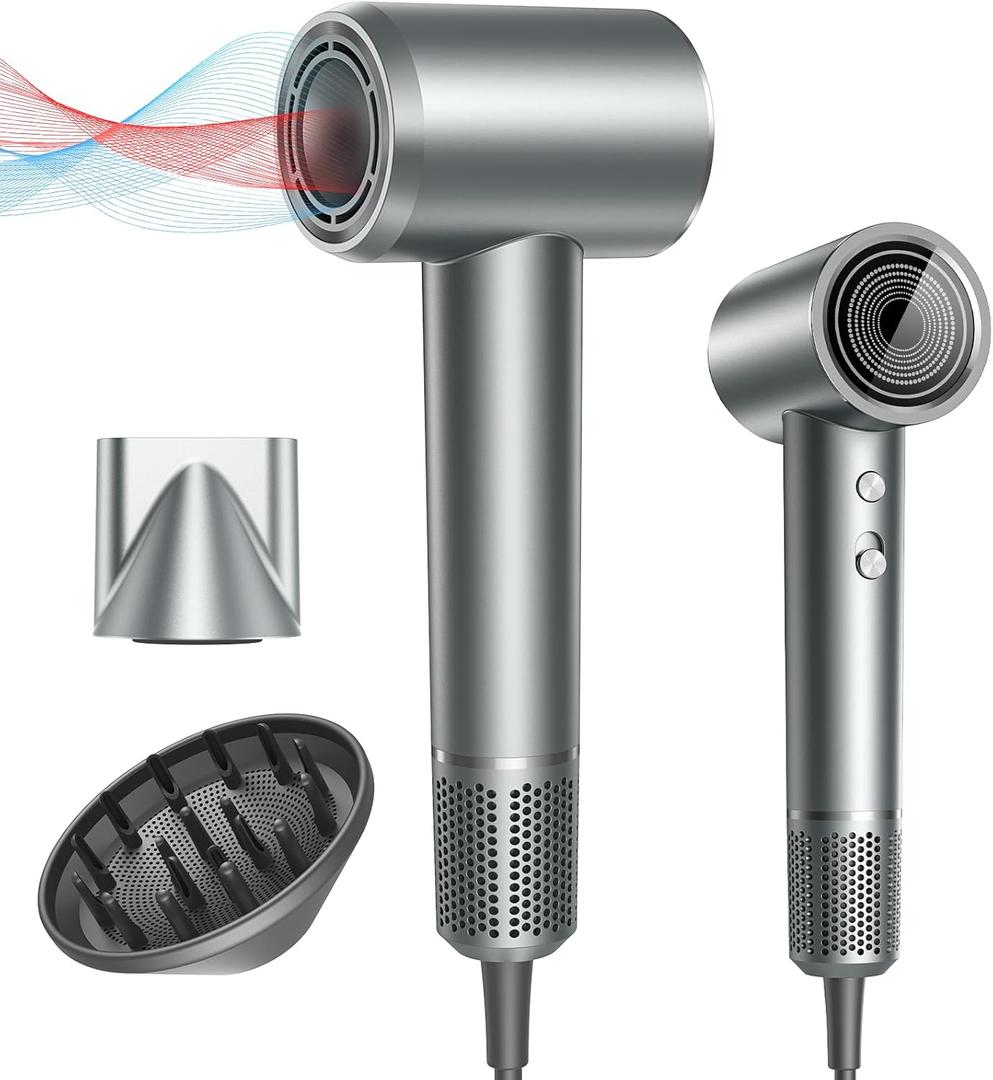 Hair Dryer, Professional Ionic Hair Dryer for Fast Drying, High Speed Hair Blow Dryer with Diffuser for Home Salon Travel, Constant Temperature Hair Care Without Hair Damage (Silver)