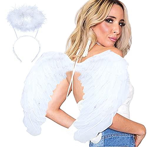 AtRenty Angel Wings for Kids Adult Halo Headband White Feather Fairy Angel Costumes Party Fancy Cosplay for Women(Large, White)