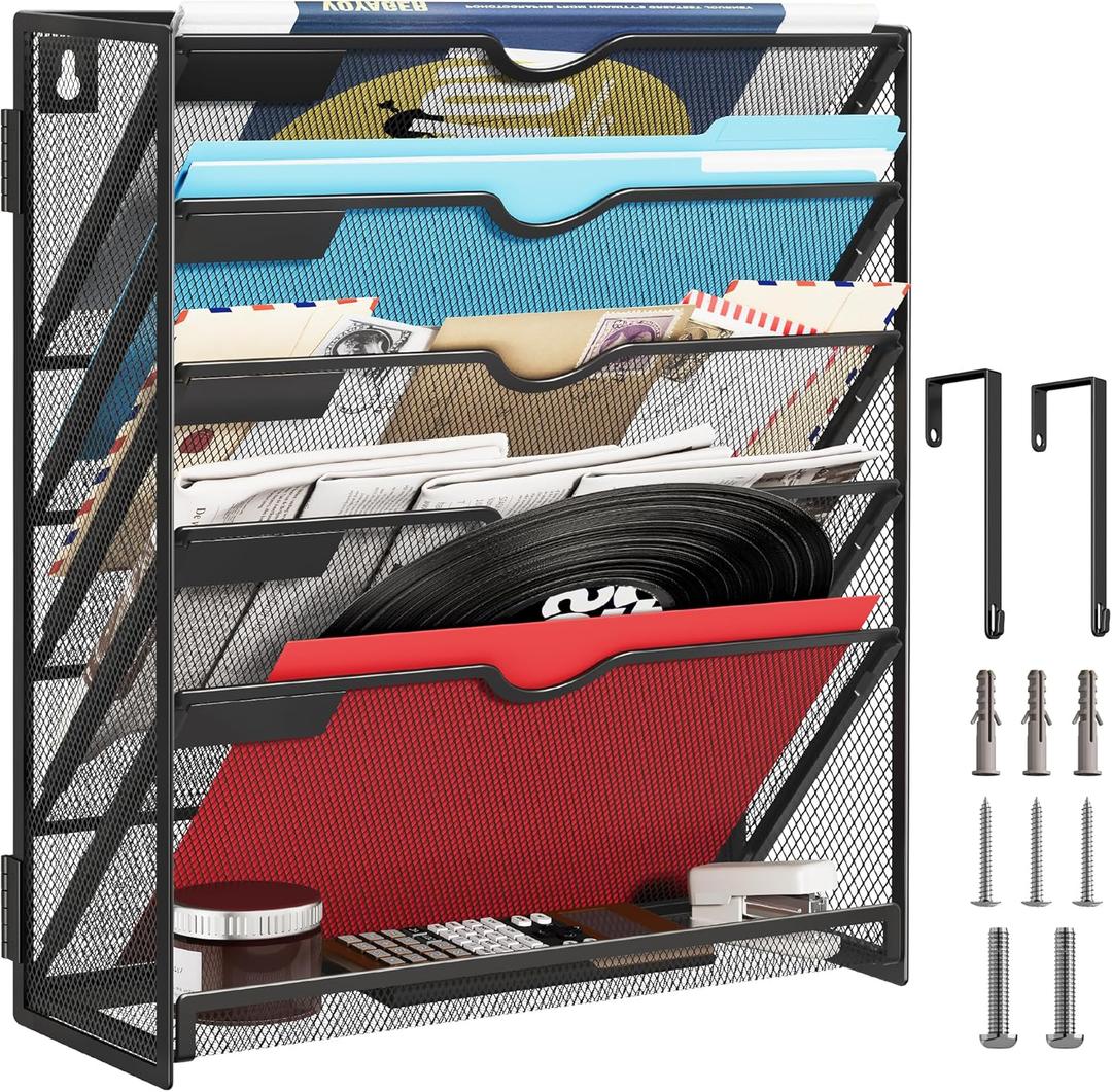 Lavatino 6-Tier Hanging File Organizer, Wall Mount File Holder for Mails Folders Papers Magazine Organization, Vertical Document Organizer for Office Home - Black