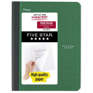 Five Star Composition Book/Notebook, Wide Ruled Paper, 100 Sheets, 9-3/4" x 7-1/2" (Green) Pack Of 2