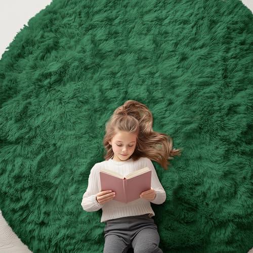 OLANLY Dark Green Round Rugs for Bedroom - Machine Washable, 8 ft Circle Area Rugs for Living Room, Soft and Fluffy Shaggy Carpet for Teen Girls and Boys, Nursery Rooms, Dorms, Home Decor Aesthetic