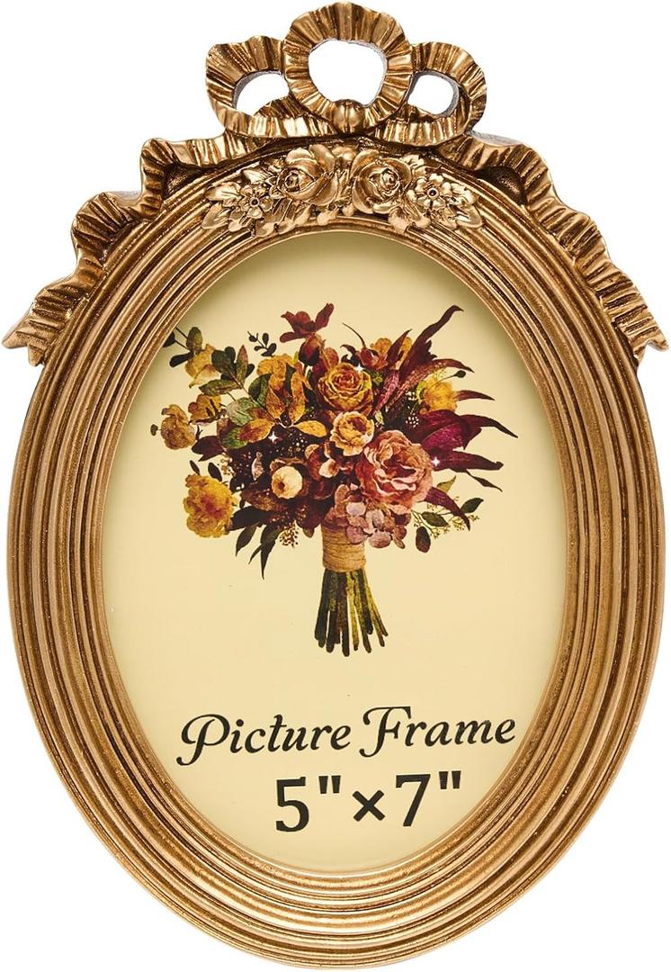 JANDERART Vintage Oval Picture Frame 5x7 Inch, Antique Ornate Photo Frames with Glass Front, Tabletop & Wall Hanging, Gold