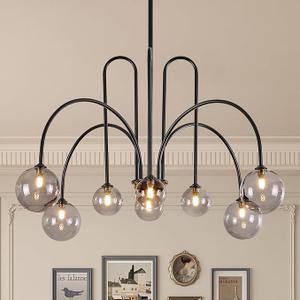 8 Lights Modern Sputnik Chandelier Large Luxury L41” Black Mid Century Smoke Glass Globe Ceiling Pendant Lighting Contemporary for Foyer Staircase Living Dining Room Kitchen
