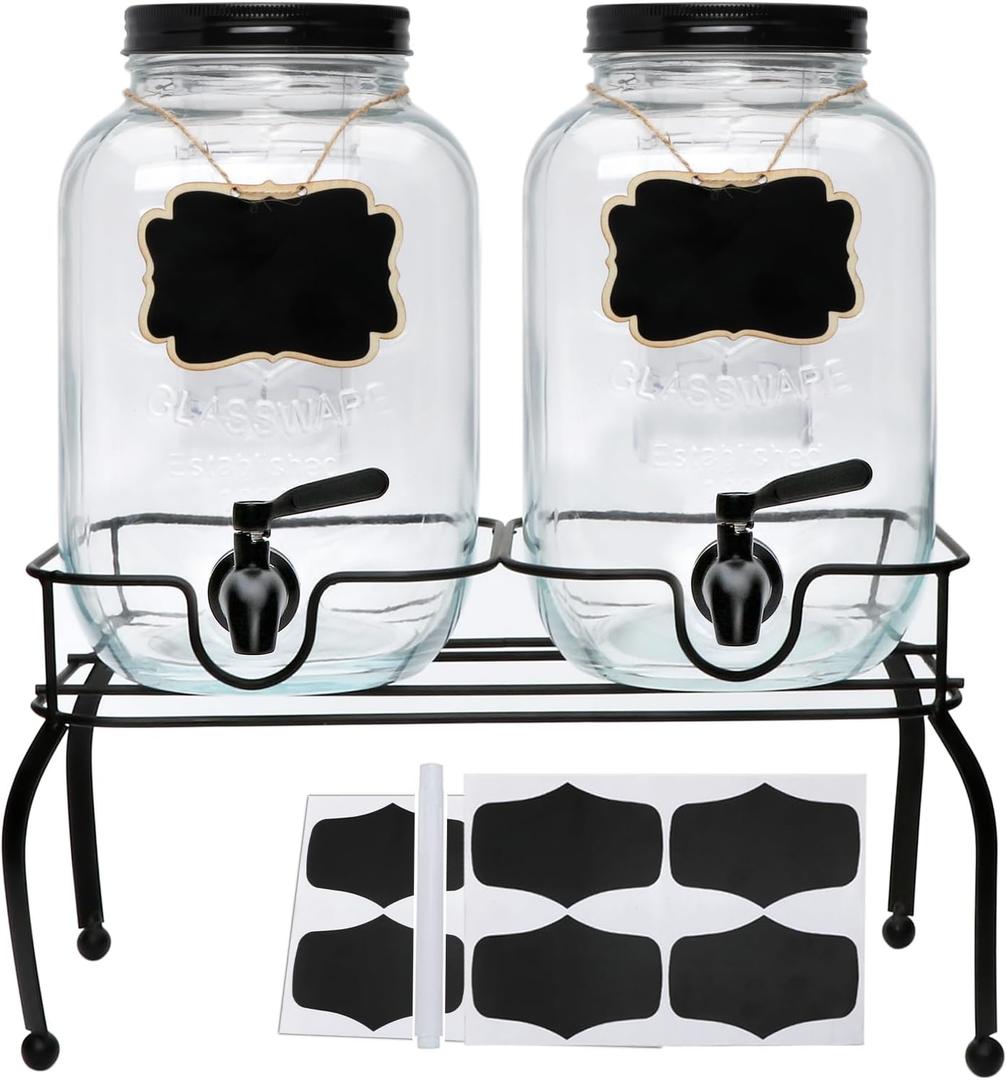 1-Gallon Drink Dispenser,Accguan Glass Water Dispenser with Black Tin Lid and Black Stainless steel faucet,Black Iron Frame,Mason Drink Dispenser for Parties, Picnics, Barbecues and Daily,2 pack