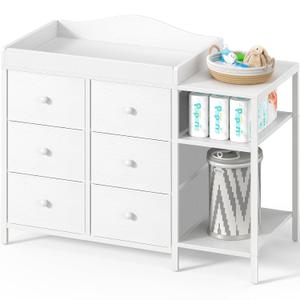 BOLUO Baby Dresser with Changing Table Top, Black Changing Table Dresser with 6 Fabric Drawers Diaper Changing Station with Storage Shelf for Nursery Modern