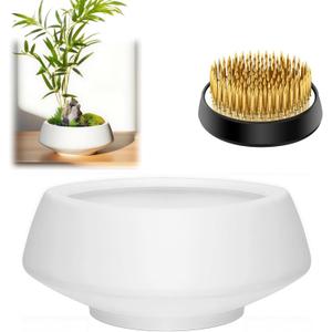 Ceramic Japanese Ikebana Vase Set with 1.57 inch Flower Frog Handmade Flower Pot Flower Arrangement Floral Art Supplies Flower Bowl Decorative Flower Vase (Small White)