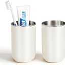 Stainless Steel Toothbrush Cup Holder 13oz, Unbreakable Reusable Kids Bathroom Tumbler Cup & Tooth Brush Holder Organizer for Shower, Countertop Toothpaste Storage Holder Set, White 2 Pack