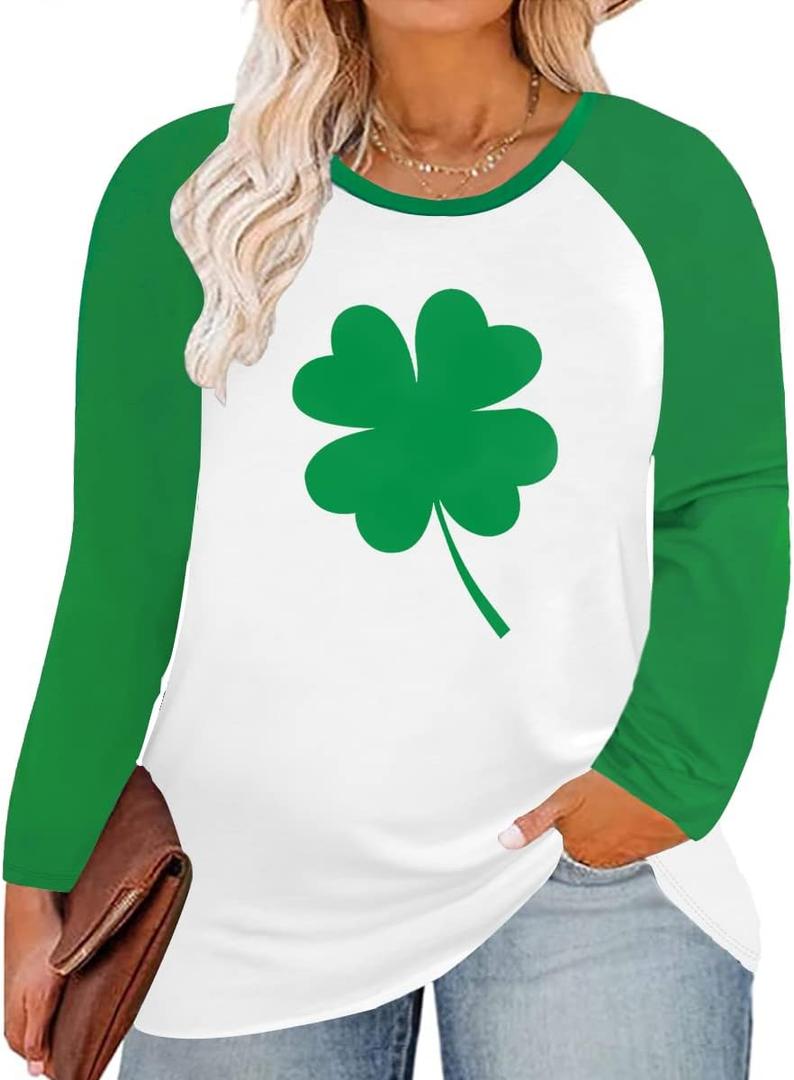 CARCOS Plus Size Tops for Women Long Sleeve Fall Tunic Color Block Camo/Plaid/Leopard/Fall Blouse Crewneck Tshirt 2XL (A13o-green)