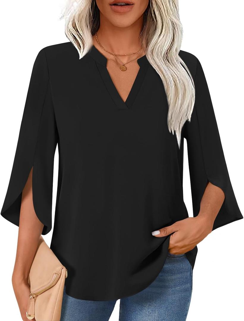 Findsweet Womens Tops Dressy Casual Summer Ruffle 3/ 4 Sleeve V Neck Chiffon Blouses Tunics Tops 3XL, Black