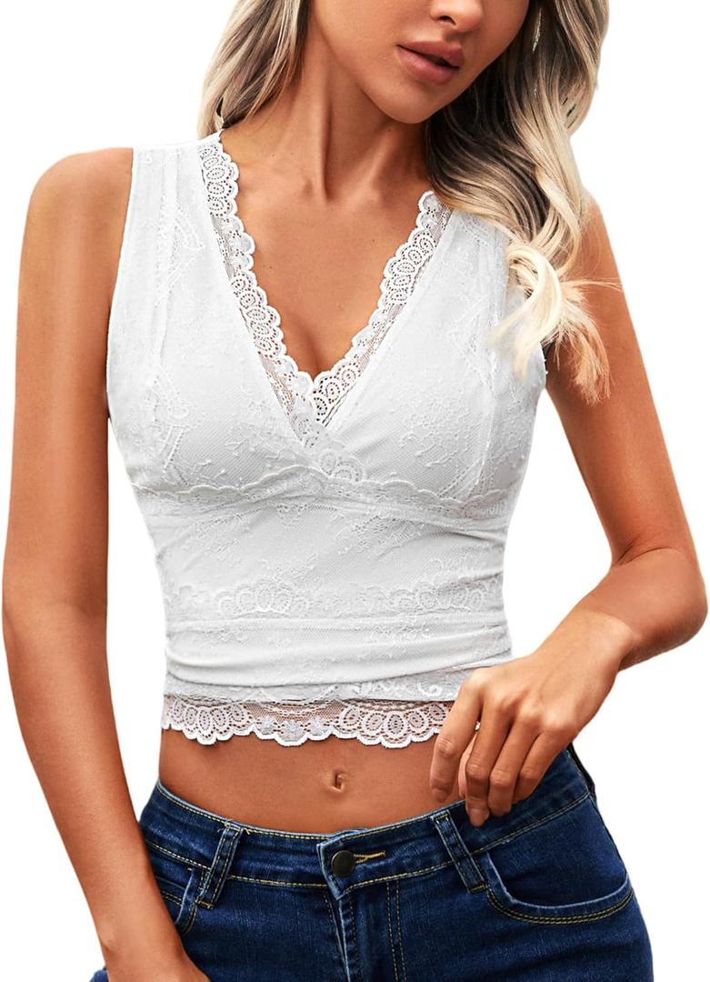 Womens Lace Tank Tops - V Neck Camisole Sleeveless Sexy Going Out Y2K Cropped Halter Vest Top (Large, White)