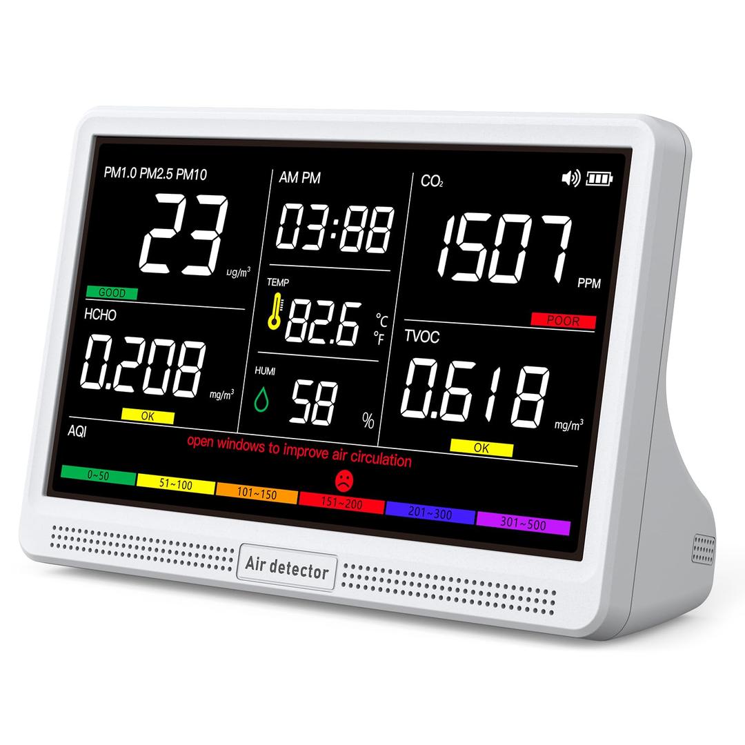 Upgrade 16 in 1 Air Quality Monitor Indoor 12h Battery & 7" Display, Air Quality Meter for CO2, TVOC, PM2.5, PM1.0, PM10, HCHO, Temperature, Humidity, AQI & Time, Air Detector Air Quality Tester