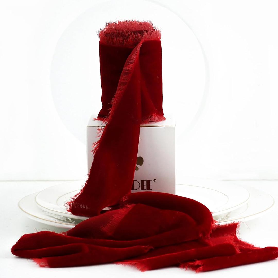 MEEDEE Red Velvet Ribbon 3 Inch Red Fringe Ribbons Raw Edge Silk Velvet Ribbons for Wreaths, Flower Bouquet, Photography, Dress Sash, Baby Shower, Wedding Decor (3 Yards)