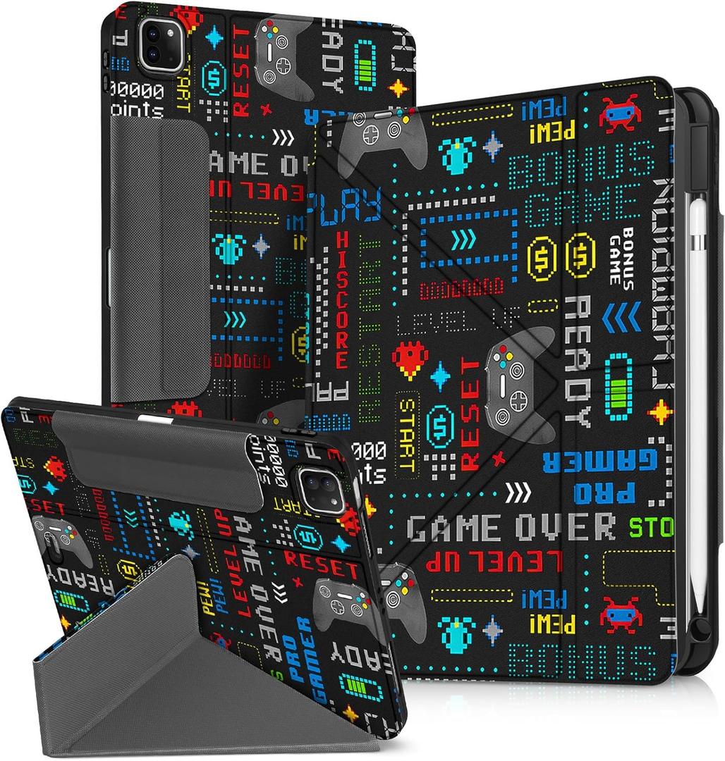 Miss Adola for iPad Air 13 Inch M3 2025 & M2 2024 Case for iPad Pro 12.9 inch 2022/2021/2020/2018 Case - Folio Protector Cover with Pencil Holder Cute Cool Cartoon for Boys Girls, Game Handle