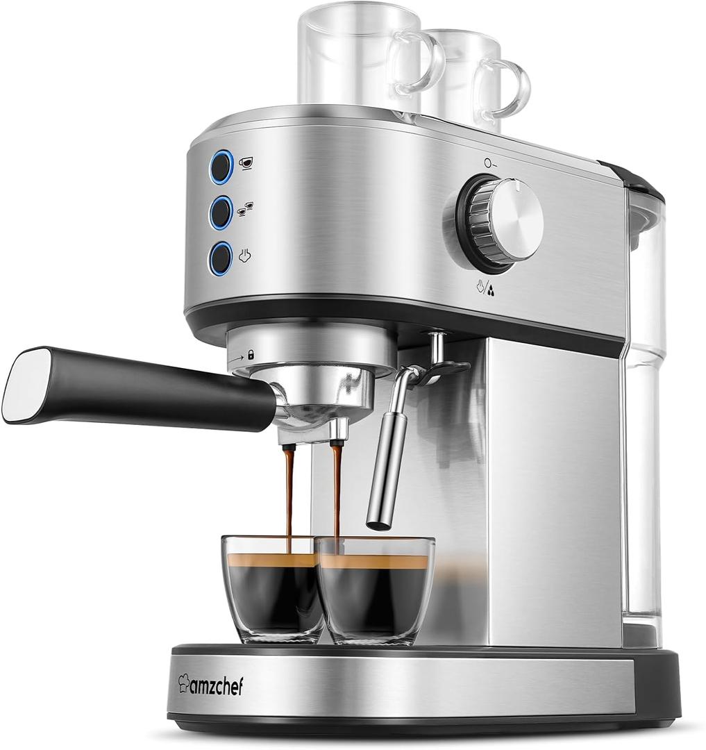 AMZCHEF Espresso Machine with 20 Bar, Professional Espresso Maker with Milk Cream/Steam Stick, Compact Stainless Steel Coffee Machines, 34oz Household Detachable Water tank, Gift for Dad or Mom
