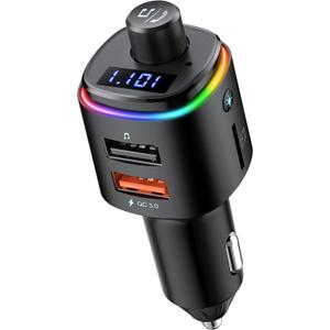 Nulaxy Bluetooth FM Transmitter, QC3.0 Fast Charge Bluetooth Car Adapter, Wireless Radio Car Kit with 7 Color LED Backlit, USB Flash Drive, microSD Card, Glossy Black