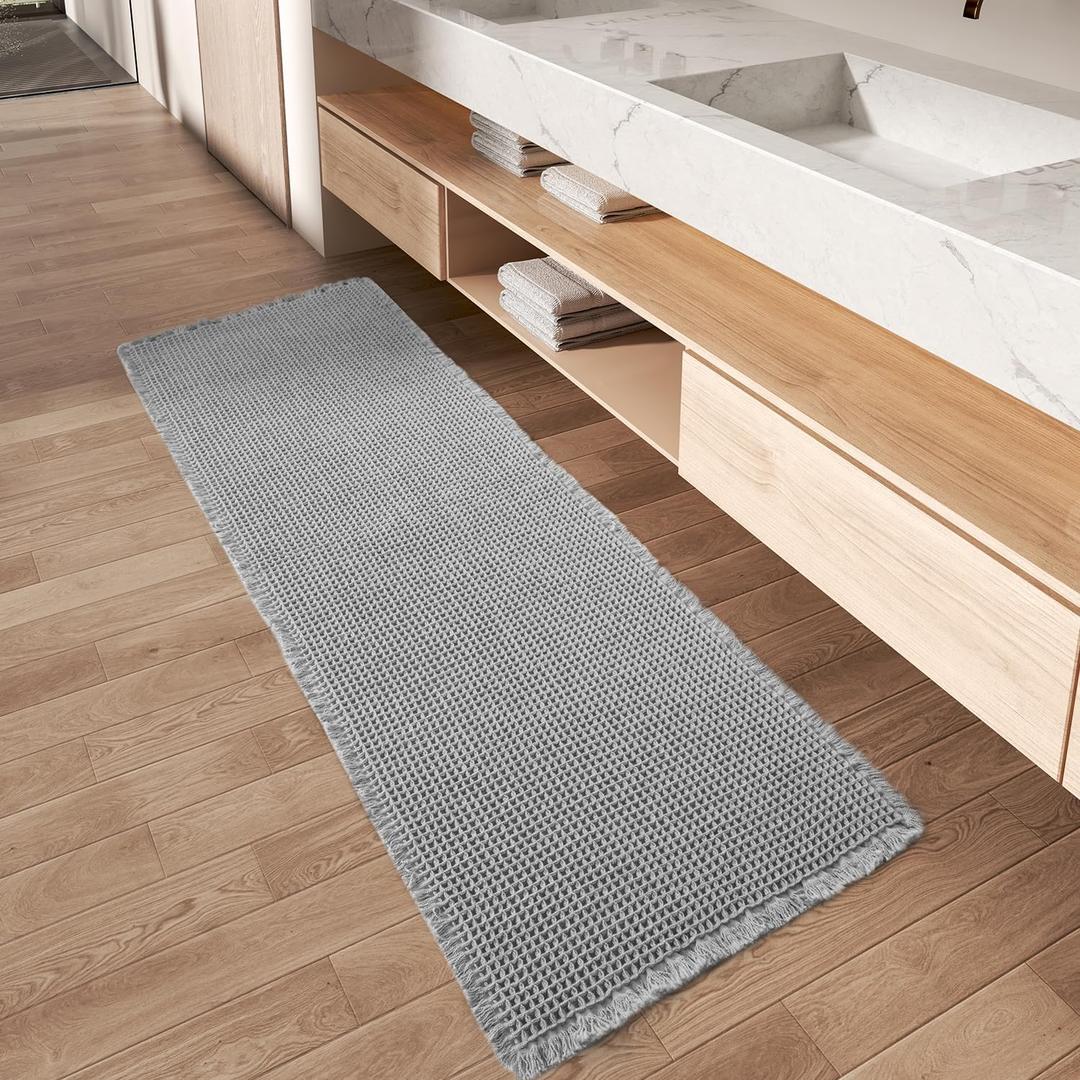 Upgraded Waffle Runner Rug Super Absorbent Non Slip Bath Mats for Bathroom Machine Washable Bathroom Runner Rug with Tassels, Ideal for Hallway Bedroom Laundry Room, Light Grey, 2' x 5'(24" x 60")