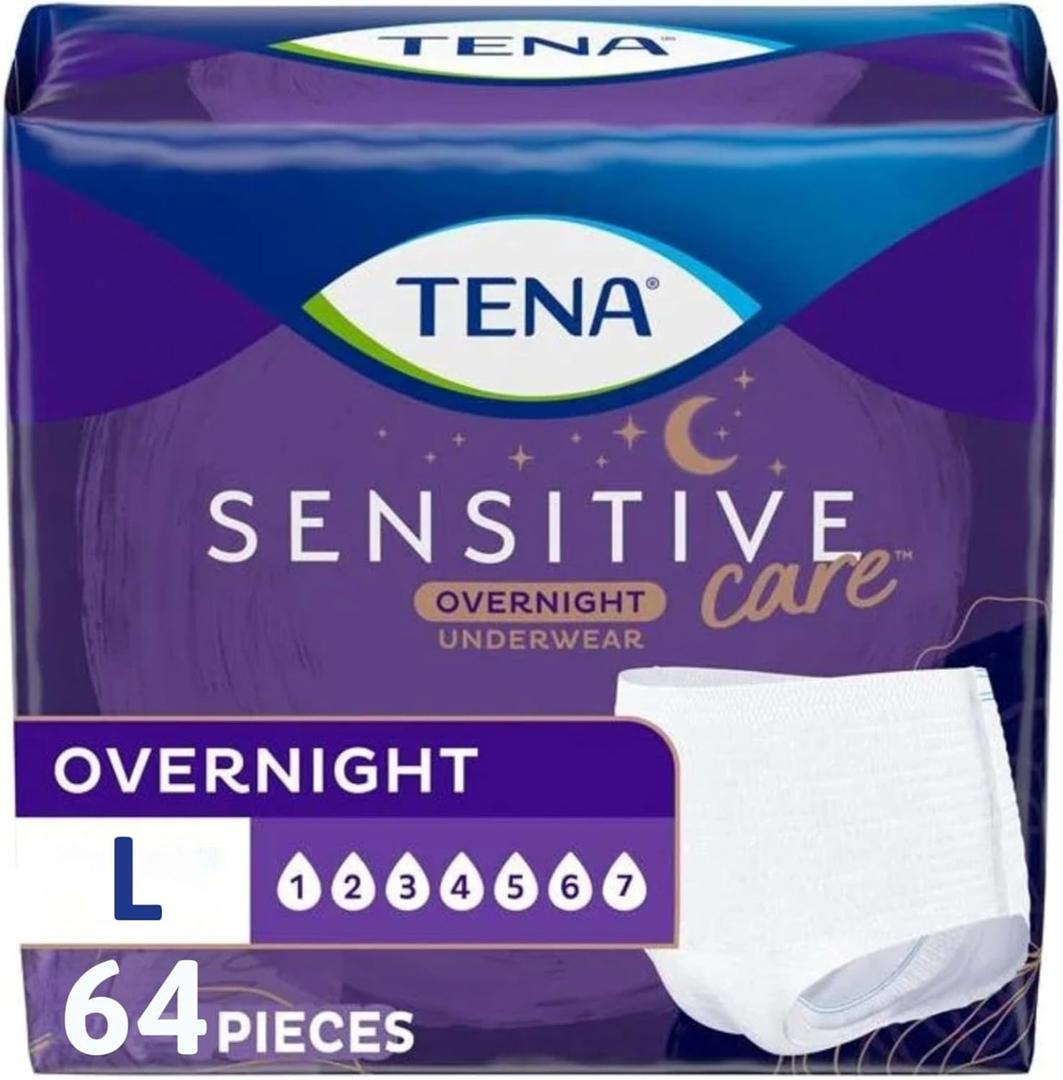 TENA Sensitive Care Overnight Incontinence Underwear for Women, Adult Diapers, Large (Waist Sizes 32in–42in), Better Fit, 64 Count (4 packs of 16)
