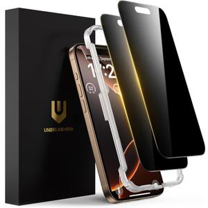 UNBREAKcable Privacy Screen Protector for iPhone 16 Pro, Anti-Spy Shatterproof Tempered Glass [True 28Anti Spy] [9H Hardness] [Easy Installation Frame] Black Protector for iPhone 6.3" - 2 Pack