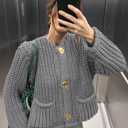 Saodimallsu Womens Button Up Sweaters Fall Chunky Knit Cropped Trendy Crewneck Loose Cardigan with Pockets (X-Large, Grey)