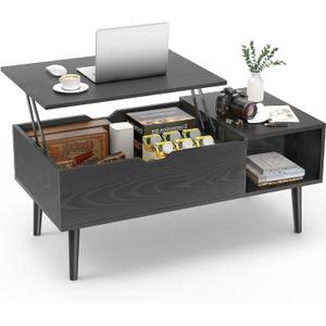 Sweetcrispy Coffee Table Lift Top Coffee Tables for Living Room,Small Rising Wooden Center Tables with Storage Shelf and Hidden Compartment, Black